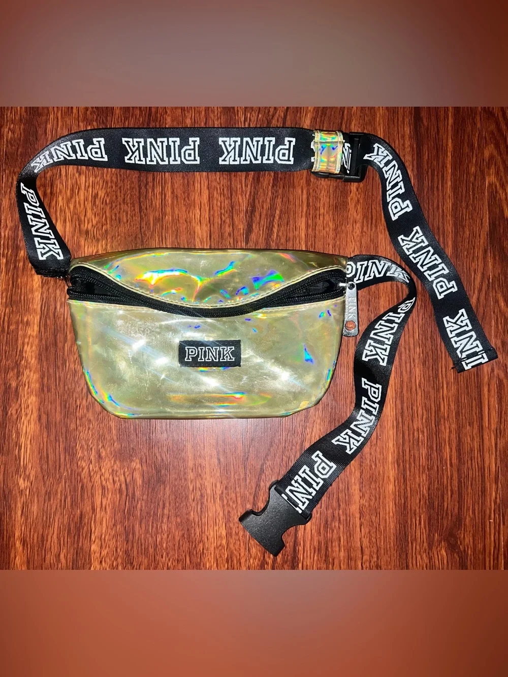 PINK Victoria's Secret Holographic Gold Belt Bag with Branded Black Strap